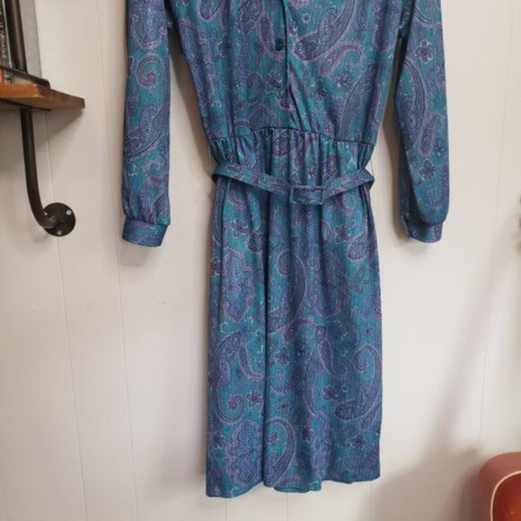 Vintage 70s 80s Secretary Office Midi Dress Blue Paisley Career Boho MCM… - Picture 3 of 13